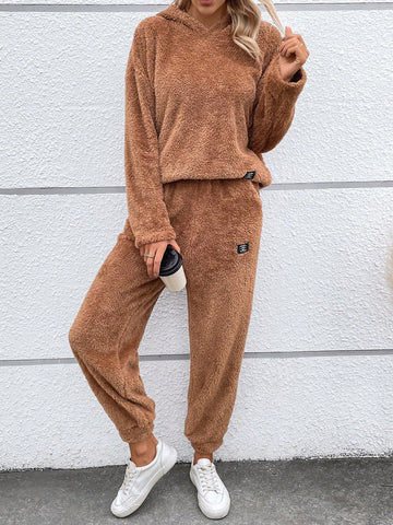 Letter Patched Drop Shoulder Teddy Hoodie & Pants