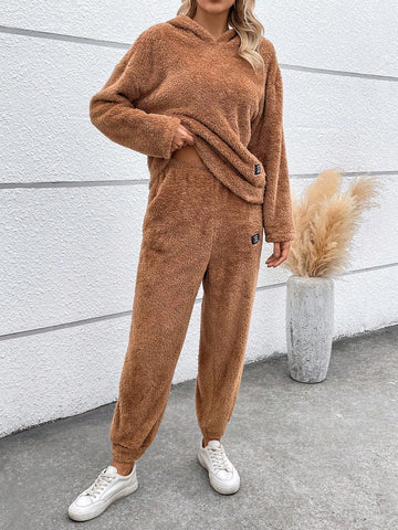 Letter Patched Drop Shoulder Teddy Hoodie & Pants