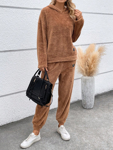 Letter Patched Drop Shoulder Teddy Hoodie & Pants