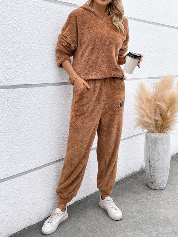 Letter Patched Drop Shoulder Teddy Hoodie & Pants