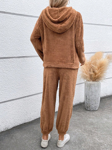 Letter Patched Drop Shoulder Teddy Hoodie & Pants