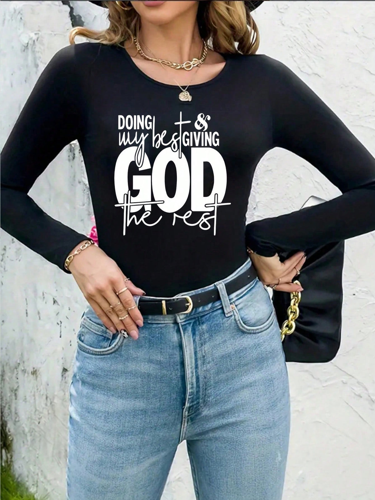 Letter Print Round Neck Long Sleeve Bodysuit For Casual Wear