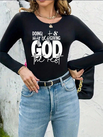 Letter Print Round Neck Long Sleeve Bodysuit For Casual Wear