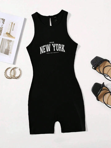Letter Printed Sleeveless Tight Jumpsuit With Round Neck For Leisure