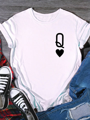 Letter & Heart Print Round Neck Tee