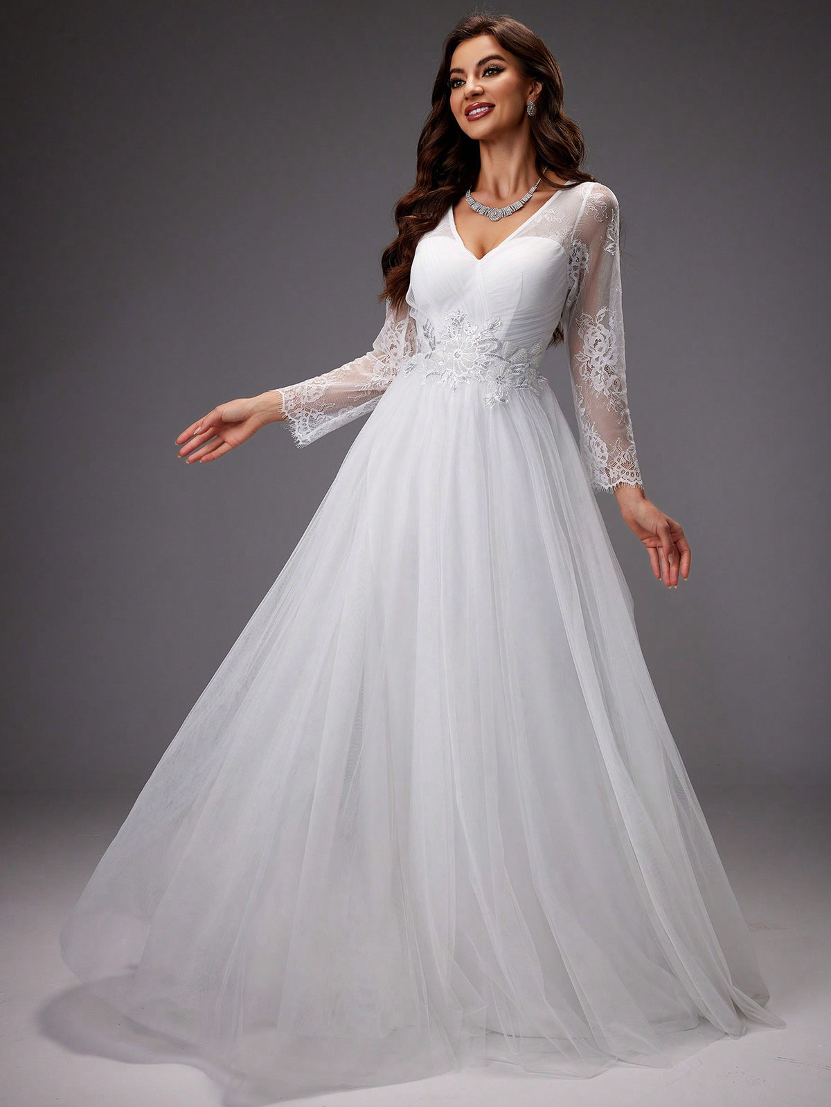 Long-Sleeved Lace Patchwork Embroidered Net Yarn Wedding Dress With Waist Sequin Detail
