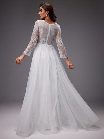 Long-Sleeved Lace Patchwork Embroidered Net Yarn Wedding Dress With Waist Sequin Detail
