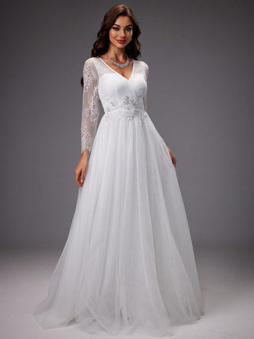 Long-Sleeved Lace Patchwork Embroidered Net Yarn Wedding Dress With Waist Sequin Detail