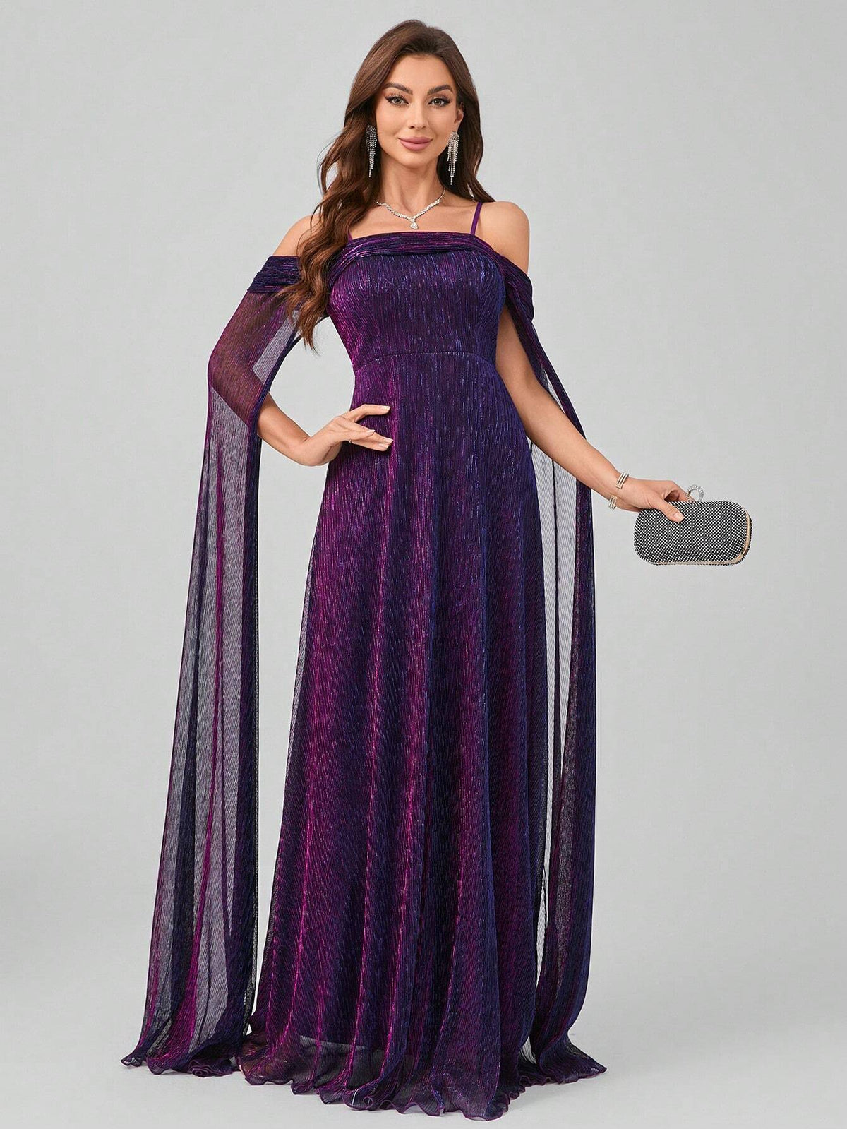 Long Dress With Spaghetti Straps, Flutter Sleeves, A-Line Skirt And Flowing Hem