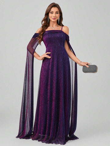 Long Dress With Spaghetti Straps, Flutter Sleeves, A-Line Skirt And Flowing Hem