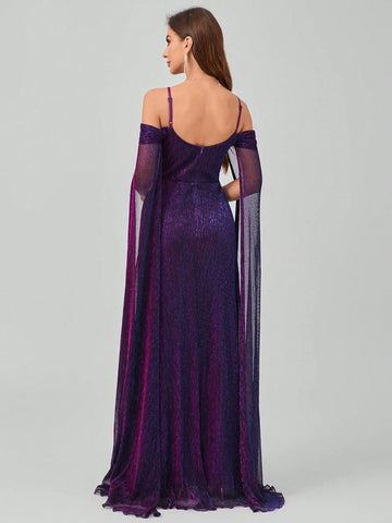 Long Dress With Spaghetti Straps, Flutter Sleeves, A-Line Skirt And Flowing Hem