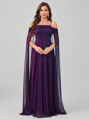 Long Dress With Spaghetti Straps, Flutter Sleeves, A-Line Skirt And Flowing Hem