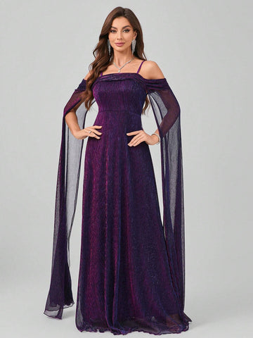 Long Dress With Spaghetti Straps, Flutter Sleeves, A-Line Skirt And Flowing Hem