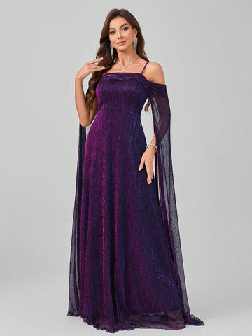 Long Dress With Spaghetti Straps, Flutter Sleeves, A-Line Skirt And Flowing Hem