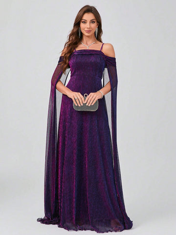 Long Dress With Spaghetti Straps, Flutter Sleeves, A-Line Skirt And Flowing Hem