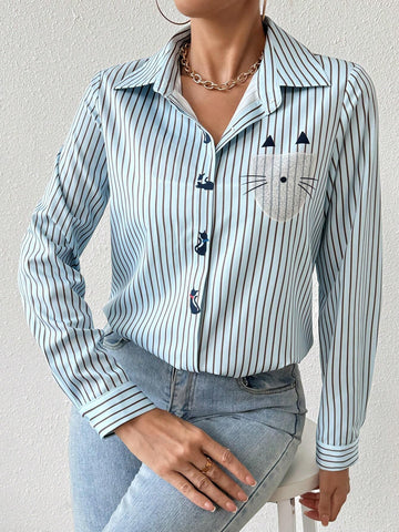 LUNE Long Sleeve Button-Front Printed Stripe Casual Shirt