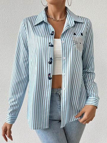 LUNE Long Sleeve Button-Front Printed Stripe Casual Shirt