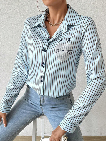 LUNE Long Sleeve Button-Front Printed Stripe Casual Shirt