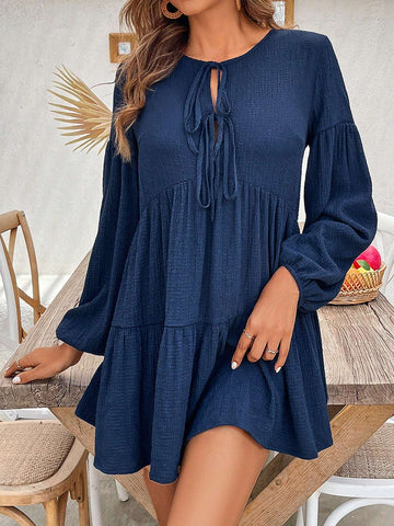 Long Sleeve Tie Neck Loose Textured Pleated Dress