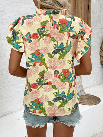 LUNE Loose Fit Bubble Texture Printed Peplum Hem Casual Pullover Shirt