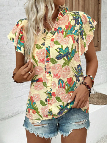 LUNE Loose Fit Bubble Texture Printed Peplum Hem Casual Pullover Shirt