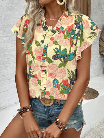 LUNE Loose Fit Bubble Texture Printed Peplum Hem Casual Pullover Shirt