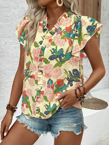 LUNE Loose Fit Bubble Texture Printed Peplum Hem Casual Pullover Shirt