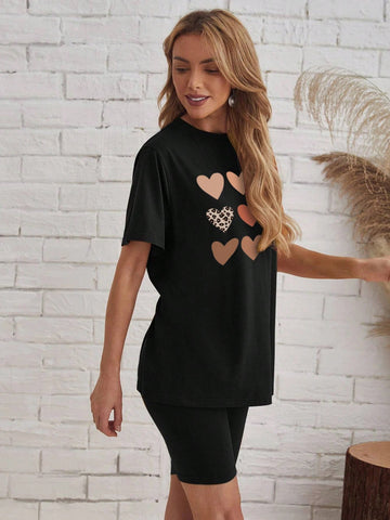 Loose Fit Casual Short Sleeve T-Shirt Set For Women, Featuring Grid & Heart & Leopard Print, Round Neck Design, Suitable For Summer