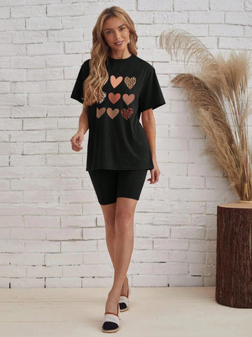 Loose Fit Casual Short Sleeve T-Shirt Set For Women, Featuring Grid & Heart & Leopard Print, Round Neck Design, Suitable For Summer