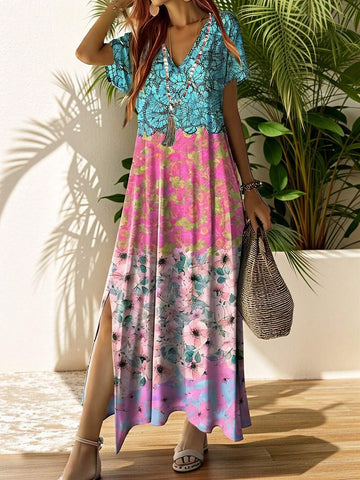 Loose Fit V-Neck Batwing Sleeve Butterfly & Flower Print Dress With Split Hem For Spring/Summer