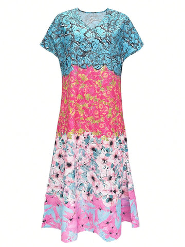 Loose Fit V-Neck Batwing Sleeve Butterfly & Flower Print Dress With Split Hem For Spring/Summer