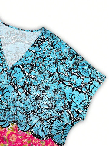 Loose Fit V-Neck Batwing Sleeve Butterfly & Flower Print Dress With Split Hem For Spring/Summer