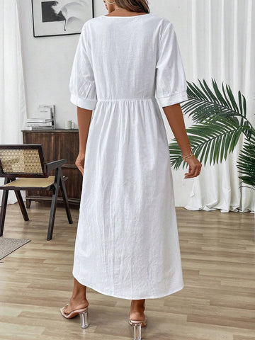 Loose Round Neck Cotton Linen Long Buttoned Short Sleeve Dress