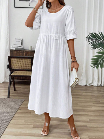 Loose Round Neck Cotton Linen Long Buttoned Short Sleeve Dress