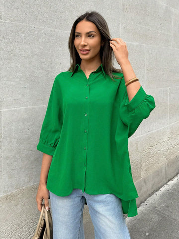 LUNE Loose Women Green Casual Shirt With Batwing Sleeves And Open Neckline