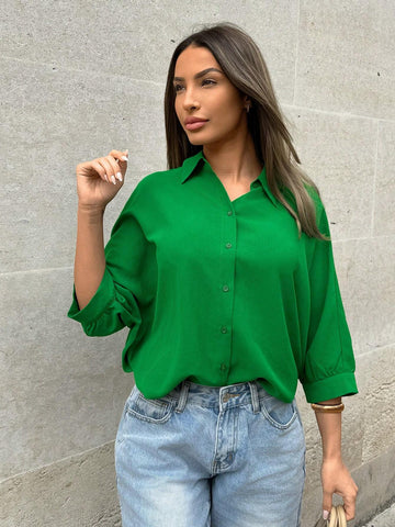 LUNE Loose Women Green Casual Shirt With Batwing Sleeves And Open Neckline
