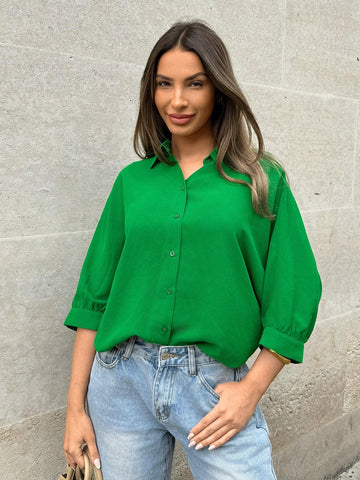 LUNE Loose Women Green Casual Shirt With Batwing Sleeves And Open Neckline