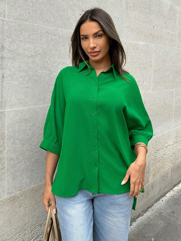 LUNE Loose Women Green Casual Shirt With Batwing Sleeves And Open Neckline