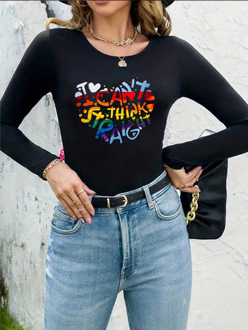 Love Heart English Letter Print Round Neck Long Sleeve Bodysuit Casual Style