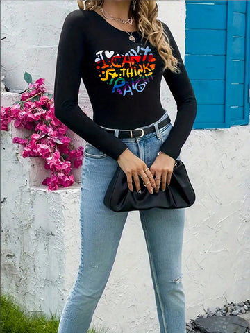 Love Heart English Letter Print Round Neck Long Sleeve Bodysuit Casual Style
