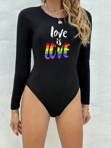 Love Letter Printed Round Neck Long Sleeve Bodysuit, Casual