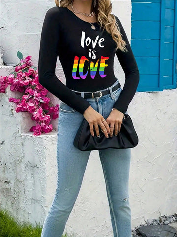 Love Letter Printed Round Neck Long Sleeve Bodysuit, Casual