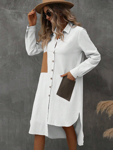 Men's Button Down Shirt With Tie, Turn-Down Collar, Pockets, Short Front Long Back Hem