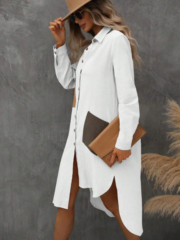 Men's Button Down Shirt With Tie, Turn-Down Collar, Pockets, Short Front Long Back Hem
