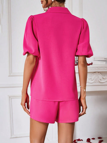 Metallic Button Short Sleeve Top And Shorts Set