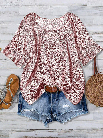 LUNE Mid-Length Sleeve Full-Print Pleated Casual Blouse
