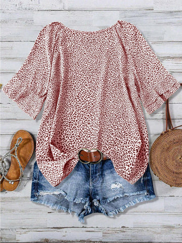 LUNE Mid-Length Sleeve Full-Print Pleated Casual Blouse
