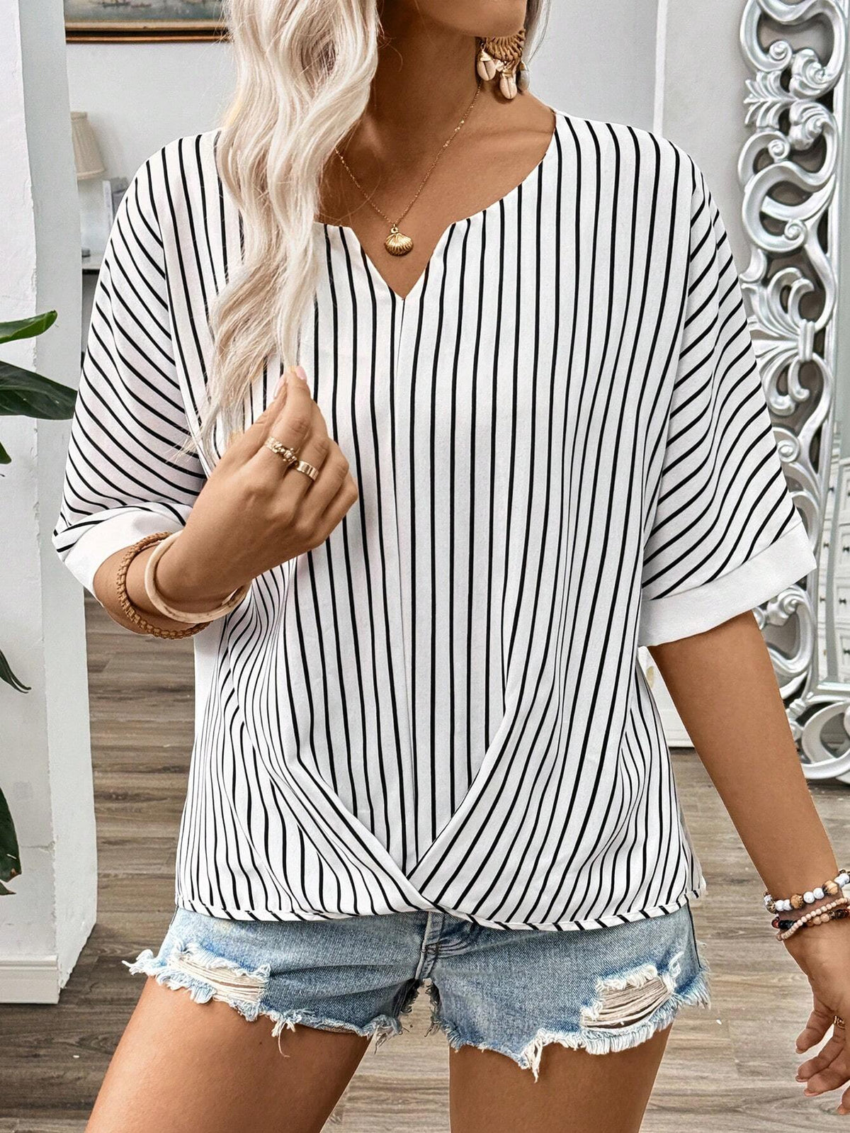 LUNE Minimalist Cross Hem Striped Color Block Casual Shirt With Clean Cut Design