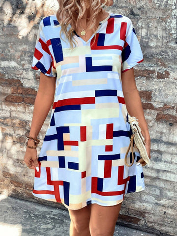 Multicolor Dopamine Geometric Printed Notched V-Neckline Cold Shoulder A-Line Dress For Women,