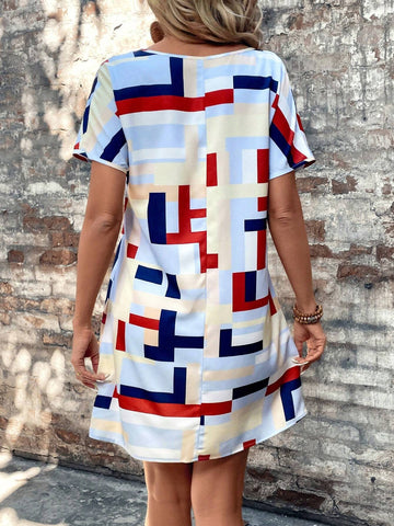 Multicolor Dopamine Geometric Printed Notched V-Neckline Cold Shoulder A-Line Dress For Women,
